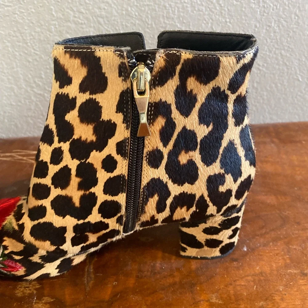 Kate Spade Langton Cow Hair Leopard Print Boots Red Floral Embroidered Accent
